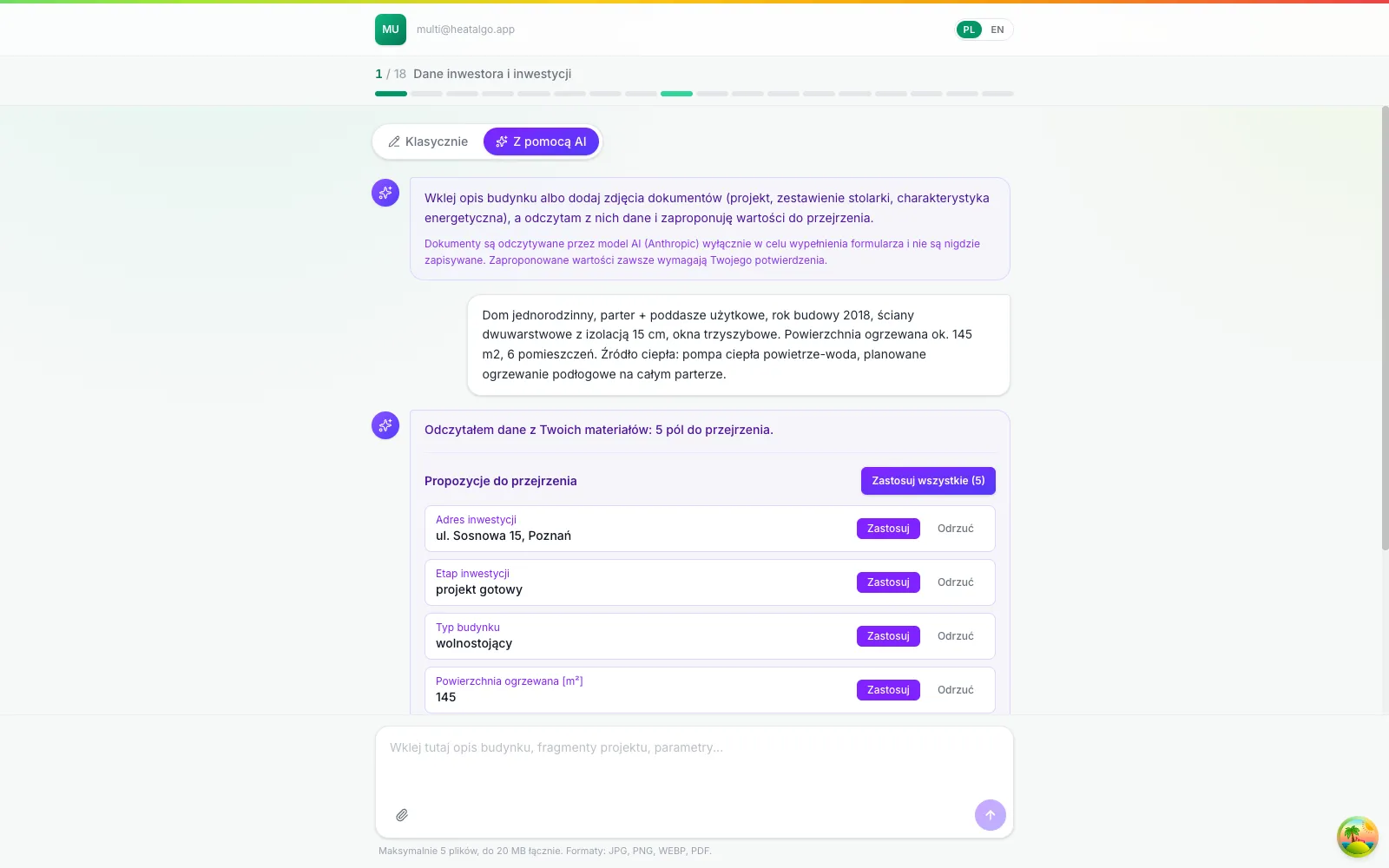 Formularz dla klienta z podpowiedziami AI w aplikacji HeatAlgo - propozycje danych do przejrzenia i zastosowania