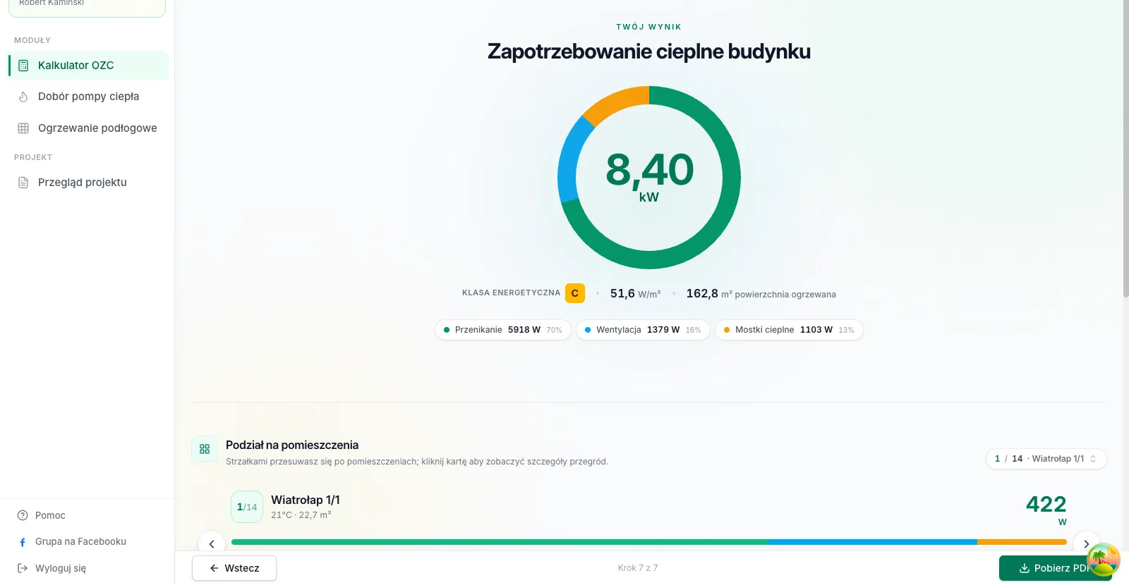 Wyniki kalkulatora OZC w aplikacji HeatAlgo - zapotrzebowanie cieplne budynku zgodne z PN-EN 12831-1