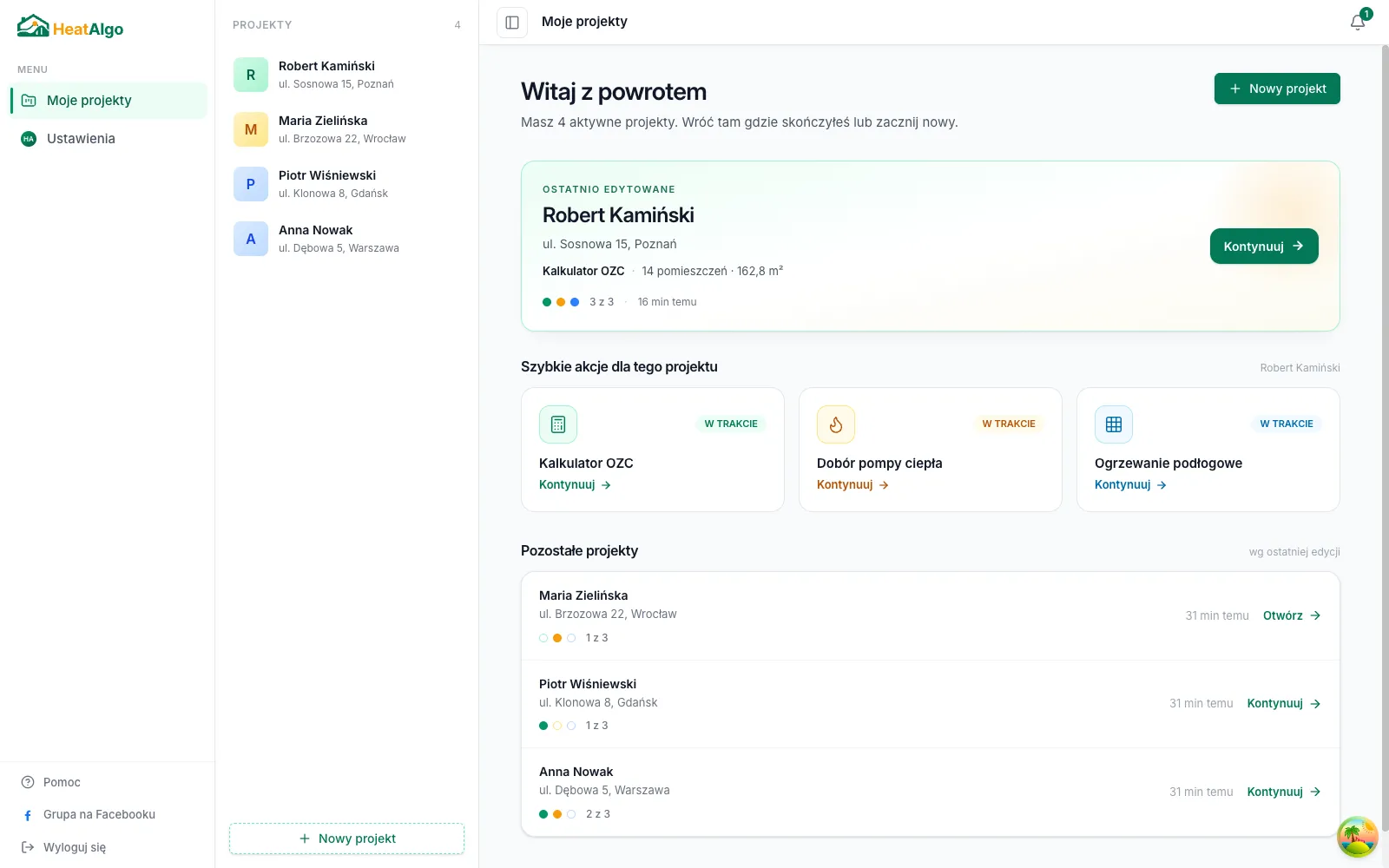 Lista projektów z wieloma pozycjami - pokazuje skalę pracy w aplikacji.