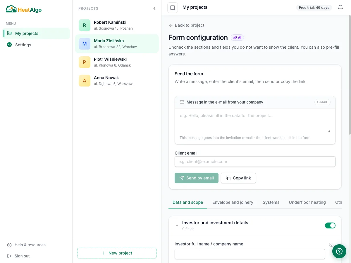The Send form panel - a message to the client, an email field and the Send by email and Copy link buttons