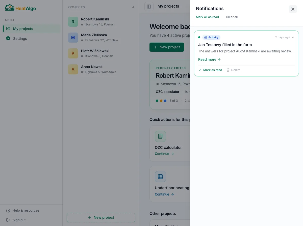 The notifications panel in HeatAlgo with an entry about the client completing the form