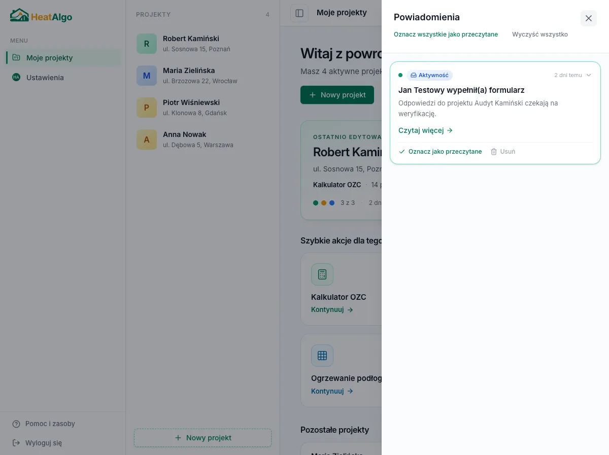 Panel powiadomień w HeatAlgo z wpisem o wypełnieniu formularza przez klienta