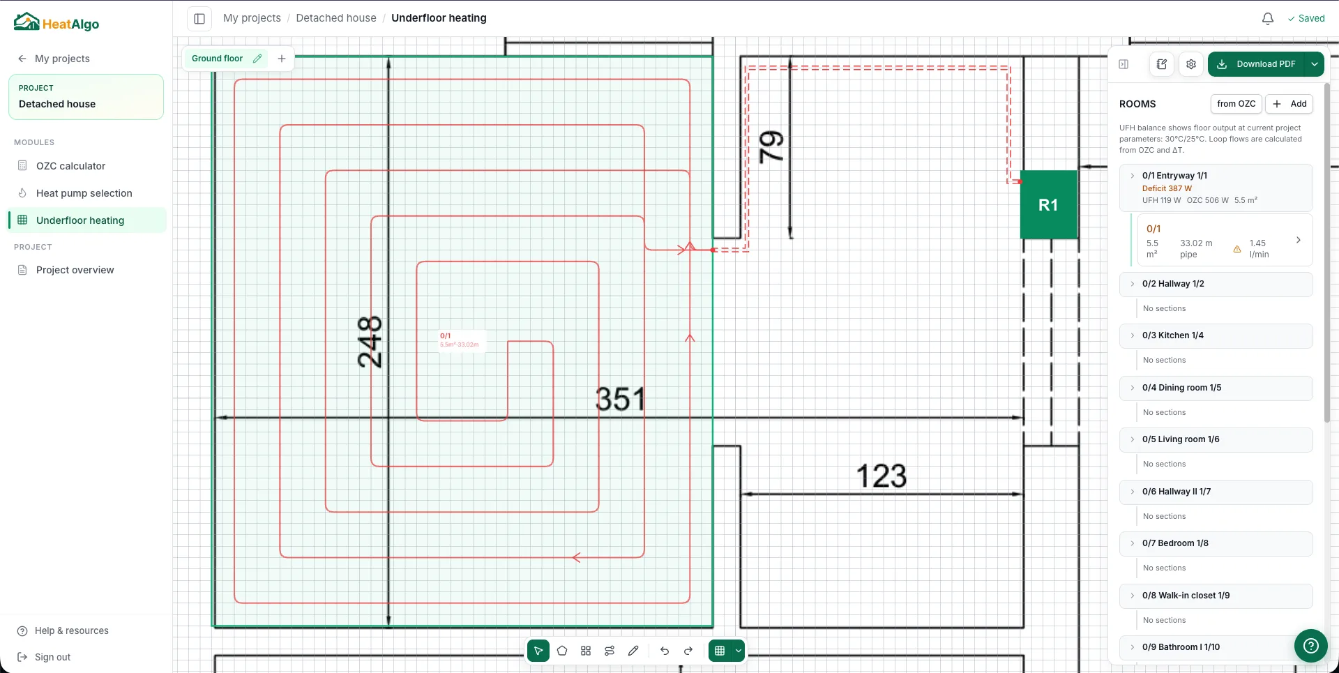 The side panel with the room balance - section area, pipe length, flow rate and a loop warning
