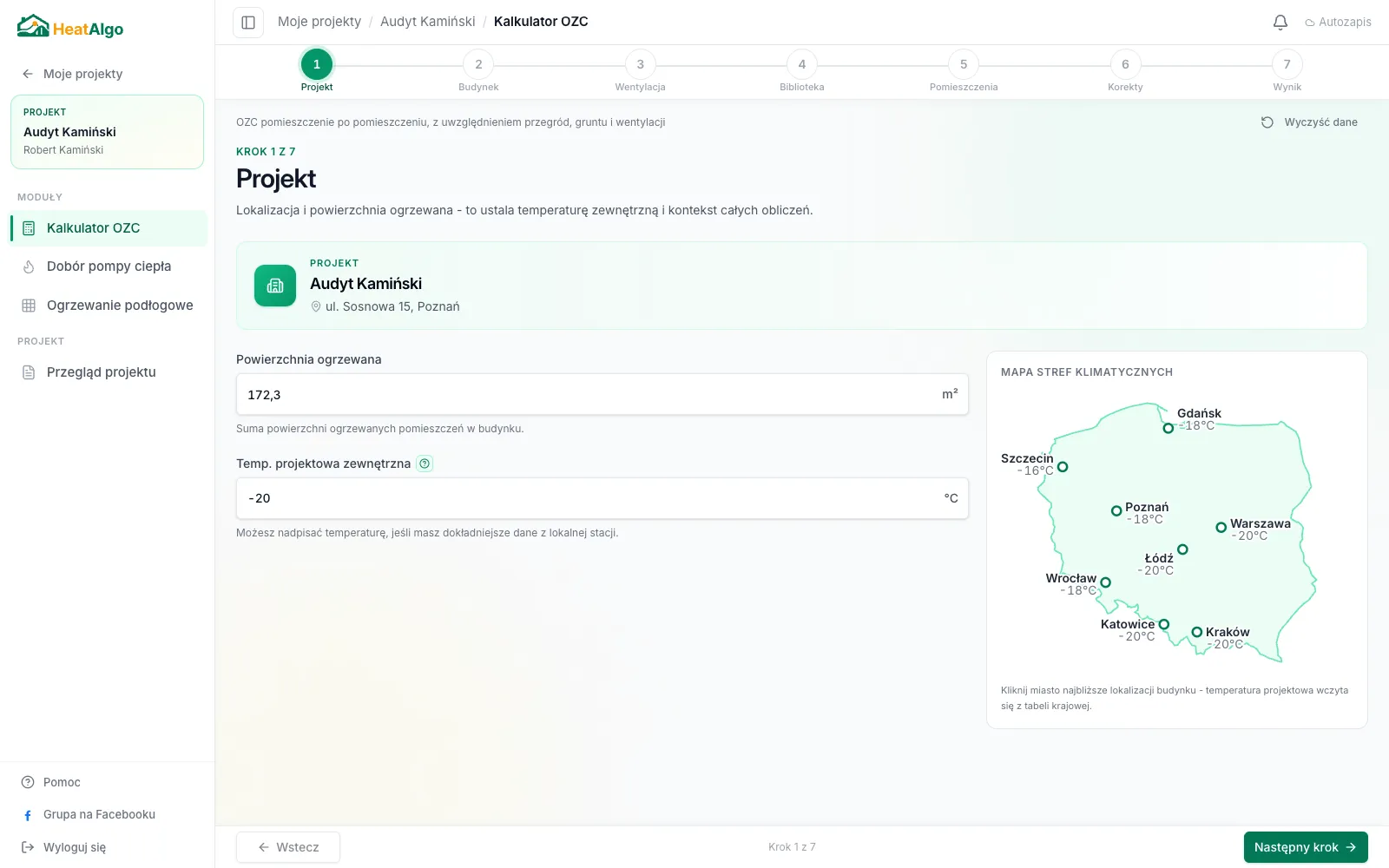 Krok Projekt w kalkulatorze OZC - powierzchnia ogrzewana, temperatura projektowa i mapa stref klimatycznych Polski
